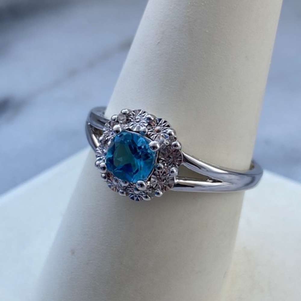 Genuine Diamond Blue Topaz Cushion Cut Ring - Picture 4 of 4